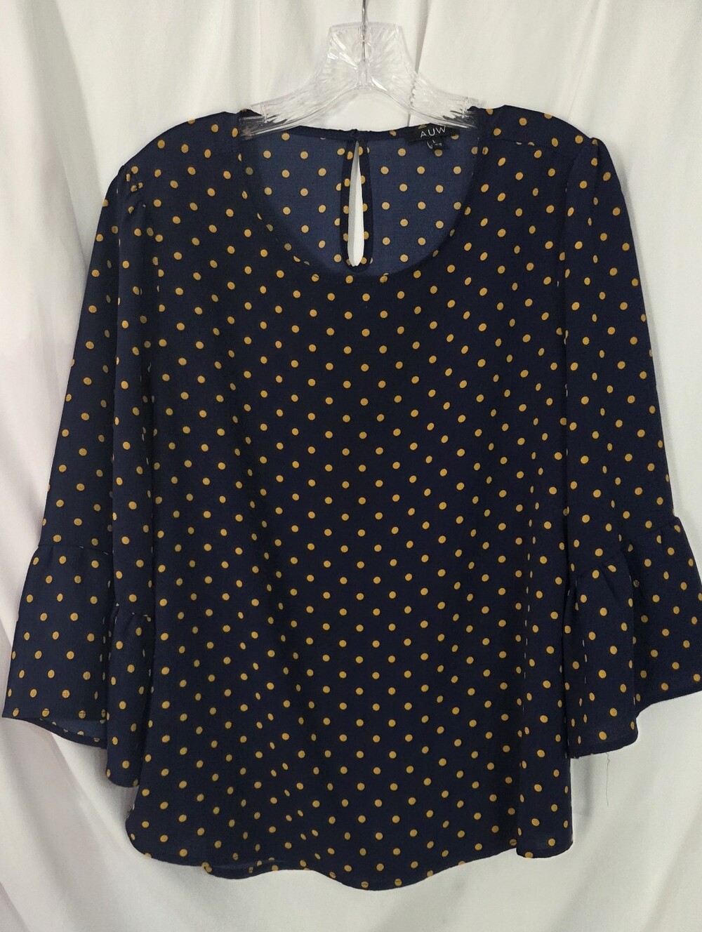 AUW Navy Gold Polka Dot Bell Sleeve Pop Over Blouse Size L